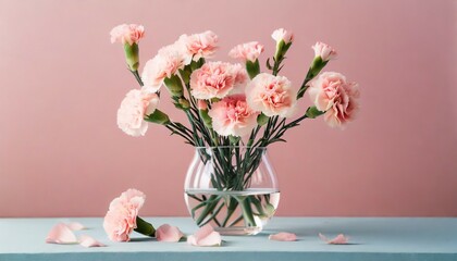 Naklejka na ściany i meble tender carnation flowers in a glass vase on pastel pink background