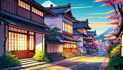 a beautiful japanese tokyo city town in the evening houses at the street anime cartoonish artstyle...
