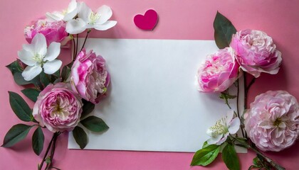 white blank greeting card on the pink background with flowers love letter
