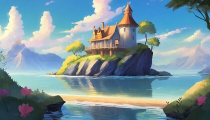 fantasy island anime landscape house anime art illustration