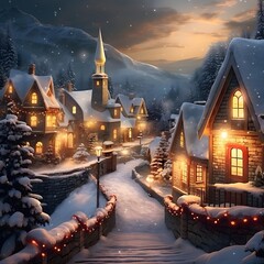 Christmas and New Year background. Winter village in the mountains at night.
