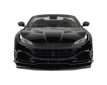 recommend clip art: Ferrari black sport car icon. Isolated black convertible sports car. Front close-up view on auto. Editorial sport car Ferrari Portofino M black. Ferrari Portofino M convertible car. Vector icon