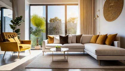 contemporary interior of living room with part of sofa in sunny day bright and clean cosy comfort room interior background beautiful house ideas showcase home renovation concept - obrazy, fototapety, plakaty
