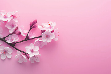Spring first flowers on a pink background. Flat lay, mockup with copy space