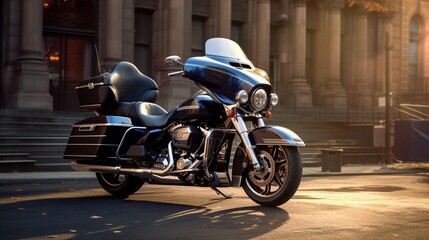 A police motorcycle parked in front of an iconic city landmark, the sleek design and polished chrome capturing the essence of urban law enforcement