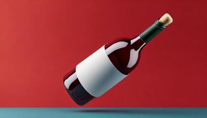 floating bottle of wine clean design mockup with bright red background generative ai