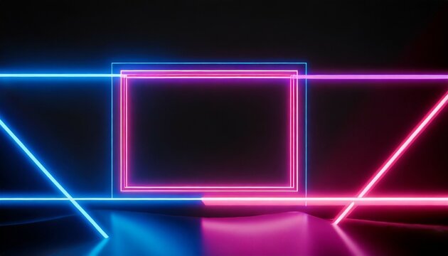parallelogram rectangle picture frame with two tone neon color shade motion graphic on black background blue and pink light for overlay element 3d illustration rendering wallpaper backdrop