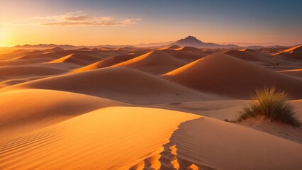 a panoramic desert 4K view featuring sunlit dunes, distant mountains, and a clear horizon, with highly detailed, realistic sharp details, smooth textures, and soft shadows