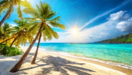 paradise sunny beach with coco palms and turquoise sea summer vacation and tropical beach concept