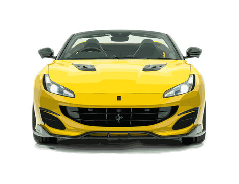 Ferrari sport car convertible icon. Editorial isolated Ferrari Portofino sport car view. Ferrari Portofino yellow sport car icon. Front close-up view from above view on machine. Vector icon