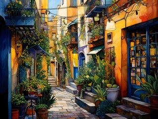 Colorful painting of a street in the old town of Cartagena, Colombia