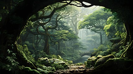 Panoramic view of a green forest in the morning. Panoramic view of a green forest.