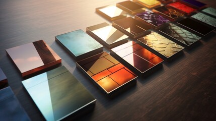 A series of business card mock-ups arranged artistically on a reflective surface, catching the play of light