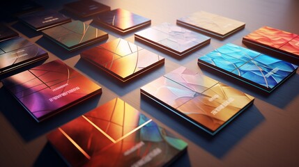 A series of business card mock-ups arranged artistically on a reflective surface, catching the play of light - obrazy, fototapety, plakaty