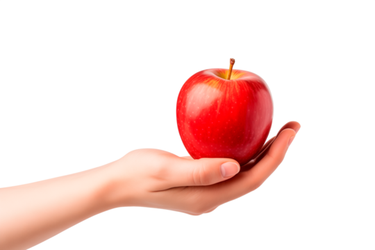 Hand Holding a red apple on Transparent or White Background, PNG