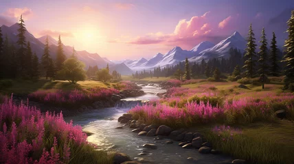 Zelfklevend Fotobehang The serene allure of a summer landscape with the enchanting presence of pink Dwarf Fireweed flowers, creating a picturesque view captured in high definition by an HD camera. © Zeeshan Qazi