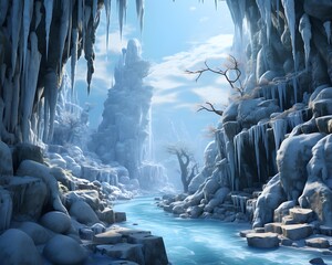 Fantasy landscape with frozen river and ice cave. 3d illustration
