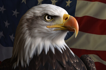 Portrait of a bald eagle in front of the American flag