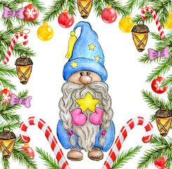 Gnome with Christmas Star in Christmas Eve. Little gnome in funny blue cap and spruce frame. Cute holidays gnome for New year greetings card or invitation.