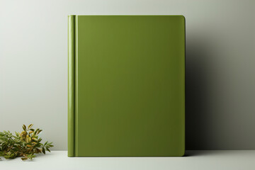 A green blank book cover mockup sitting on top of a white table.
