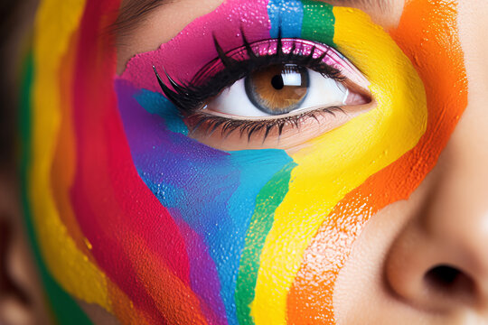 close up of face with colorful makeup. face of a person with painted face. Fashion model woman face with fantasy art make-up. Bold makeup, glance Fashion art portrait, incorporating neon colors. Adver