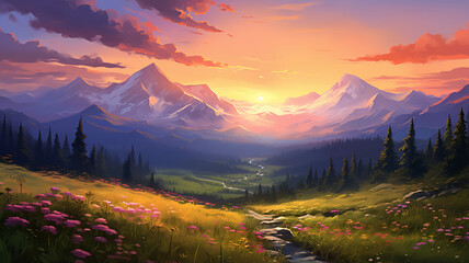 The serene beauty of mountains at sunset during the summer, with the sky ablaze in warm colors and the silhouette of rugged peaks creating a picturesque and realistic scene in high definition.
