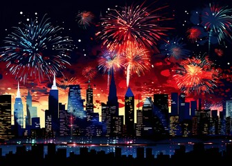 Cityscape with fireworks in the night sky background. Fireworks over the city