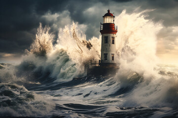 Obraz premium A lighthouse in a stormy sea, depicting the beautiful force of nature
