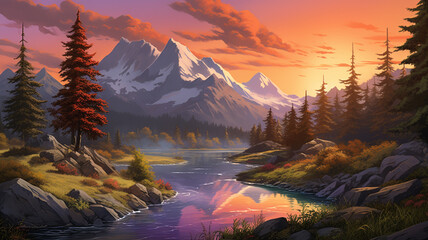 The serene beauty of mountains at sunset during the summer, with the sky ablaze in warm colors and the silhouette of rugged peaks creating a picturesque and realistic scene in high definition.