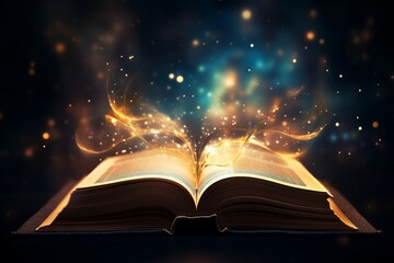 Magic Book With Open Pages And Abstract Lights Shining In Darkness - Literature And Fairytale...
