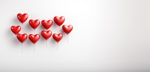 Valentine's Day background with red heart-shaped balloons floating on white background.