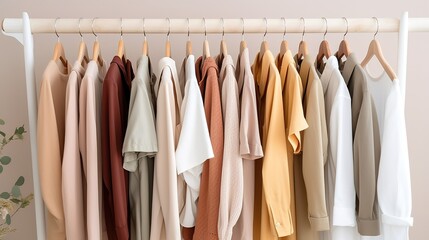 Stylish womans clothes hanging on a rack natural colors, trending concept, pastel colors in white room modern design closeup