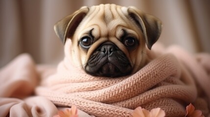 cute small pug in a peach-colored scarf against a background of cream-colored silk fabric, banner,...