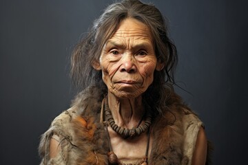 Portrait of a Neanderthal, cave primitive elderly woman. Stone Age, history of human evolution - obrazy, fototapety, plakaty
