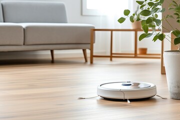Robotic vacuum cleaner cleaning a wooden floor in modern light living room. - obrazy, fototapety, plakaty