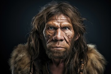 Portrait of a Neanderthal, cave primitive man. Stone Age, history of human evolution - obrazy, fototapety, plakaty