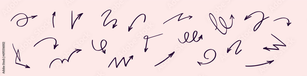 Poster doodle emphasis arrow icon. design quirky twist zigzag line, spring coil, curve wave. vector illustr