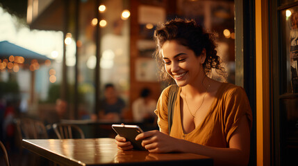 woman smiling with a cell phone in a cafe - obrazy, fototapety, plakaty