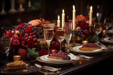 Festive table with a lot of food and wine in the restaurant