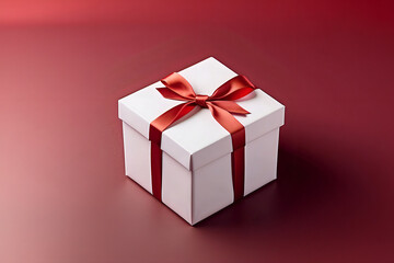 White gift box well wrapped with red ribbon isolated on white background | Birthday, holiday concept
