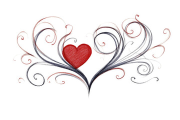 Elegant calligraphic pattern of swirling red hearts and curly lines, Valentine's Day, on a white background