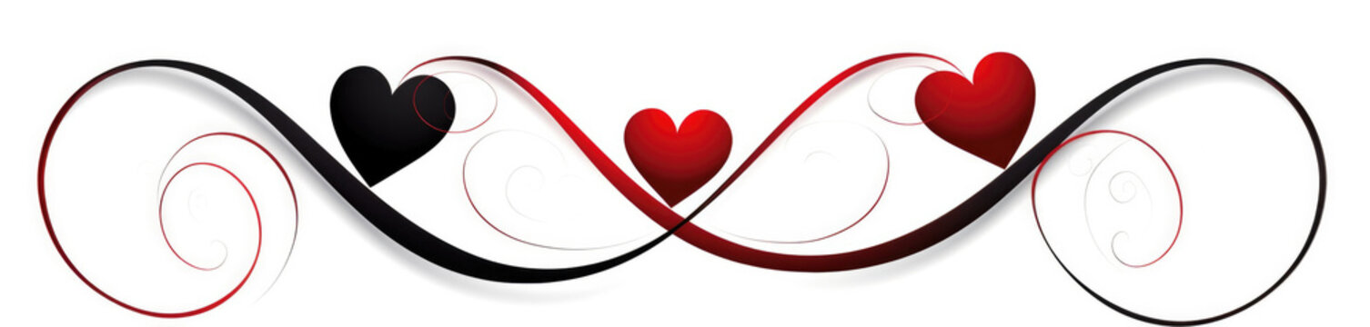 Elegant calligraphic pattern of swirling red hearts and curly lines, Valentine's Day, on a white background