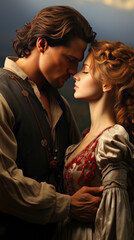 The romance novel cover, graced by a Victorian couple, is an ode to historical love. - obrazy, fototapety, plakaty