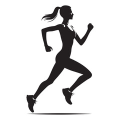 Fototapeta na wymiar Running Girl Silhouette: Healthy Living, Female Jogger Silhouetted Against Natural Greenery - Minimallest running black vector lady runner Silhouette 
