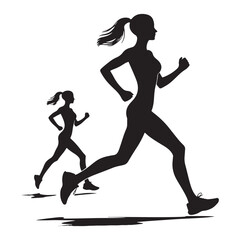 Running Girl Silhouette: Sporty Confidence, Energetic Jogger Silhouetted in Full Stride - Minimallest running black vector lady runner Silhouette
