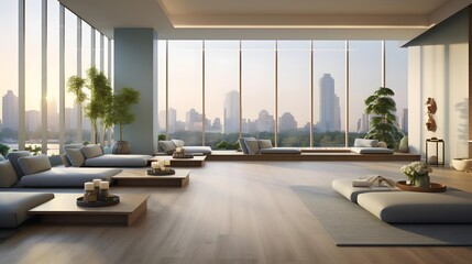 modern living room with panoramic window view of the city 3d rendering