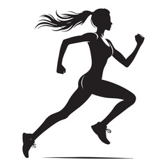 Running Girl Silhouette: Marathon Training, Silhouetted Female Runner Against Radiant Sunrise - Minimallest running black vector lady runner Silhouette
