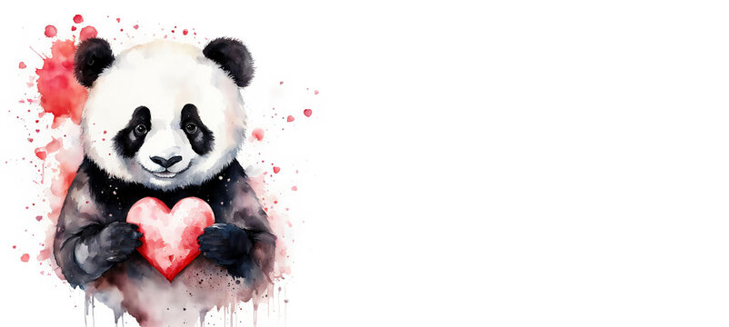 A cute watercolor panda is holding a red heart. Love, Valentine's Day, February 14th. artificial intelligence generator, AI, neural network image. background for the design.