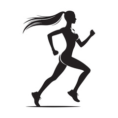 Fototapeta na wymiar Running Girl Silhouette: Athletic Determination, Dynamic Jogger Silhouetted Against Vivid Sky - Minimallest running black vector lady runner Silhouette 