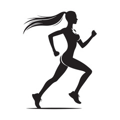 Running Girl Silhouette: Athletic Determination, Dynamic Jogger Silhouetted Against Vivid Sky - Minimallest running black vector lady runner Silhouette
